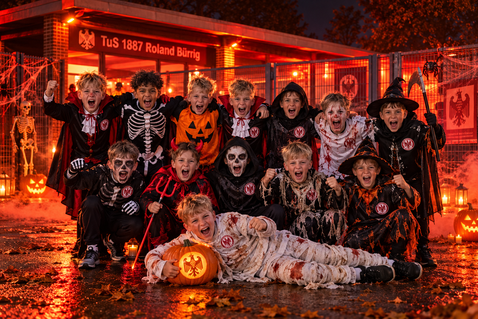 Halloween-Teamfoto vor dem Vereinsheim